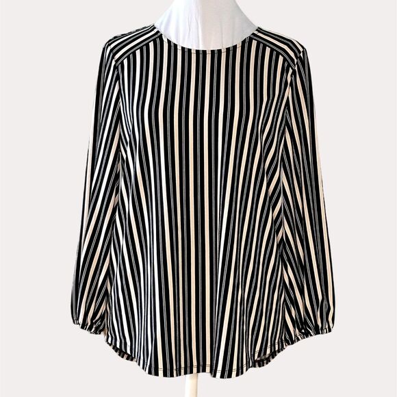 Adrianna Papell Tops - Adrianna Papell Slinky Knit Blouse Top Striped Black Tan S NWOT